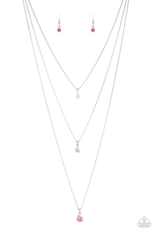 Paparazzi " Crystal Chic " Silver Metal Pink Rhinestone Multi Layered Necklace Set
