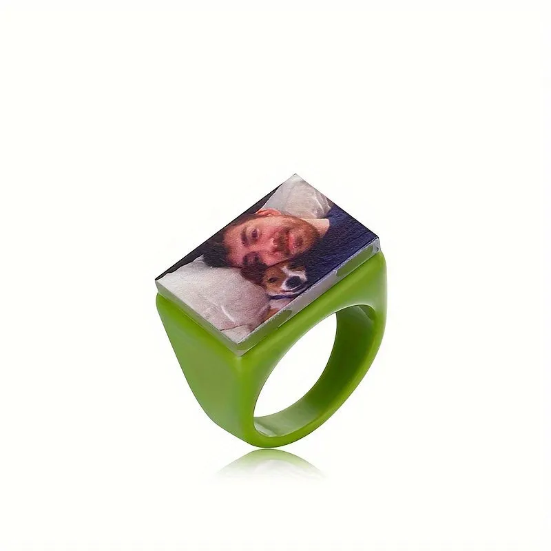 Personalized Photo Ring Acrylic Band Geometric Square for Wedding or Anniversary
