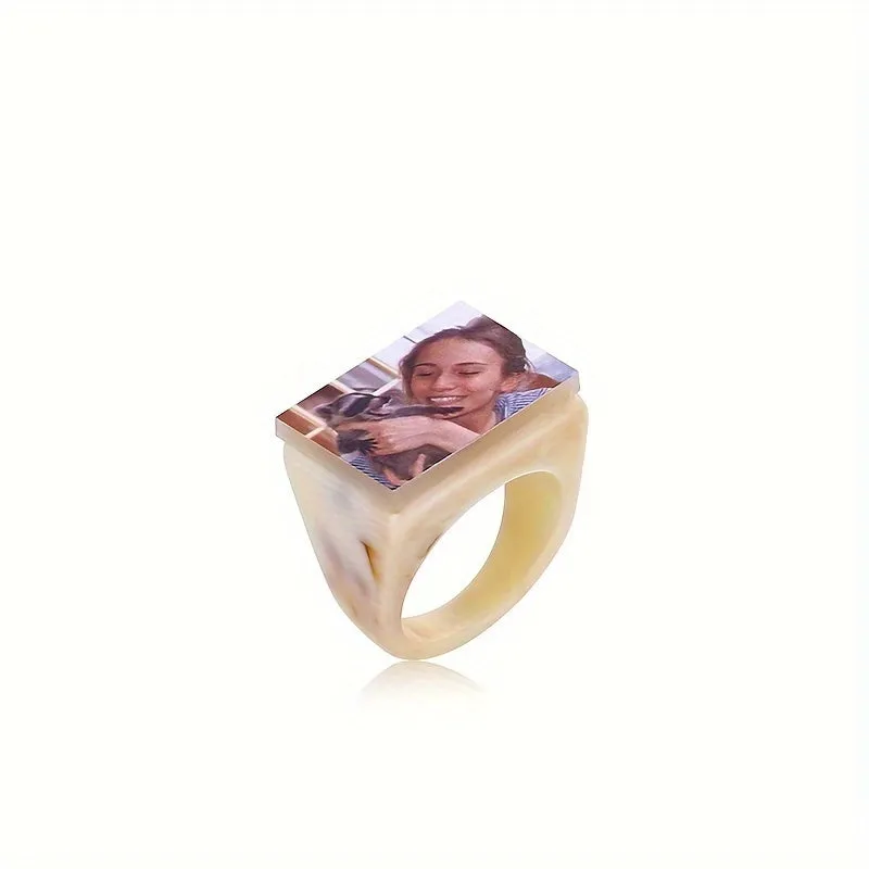 Personalized Photo Ring Acrylic Band Geometric Square for Wedding or Anniversary