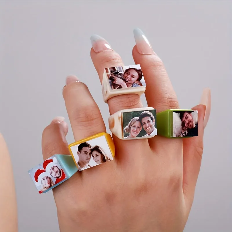 Personalized Photo Ring Acrylic Band Geometric Square for Wedding or Anniversary