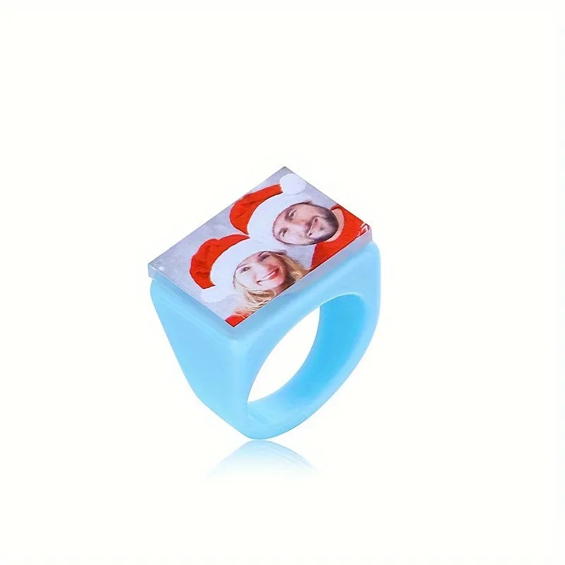 Personalized Photo Ring Acrylic Band Geometric Square for Wedding or Anniversary