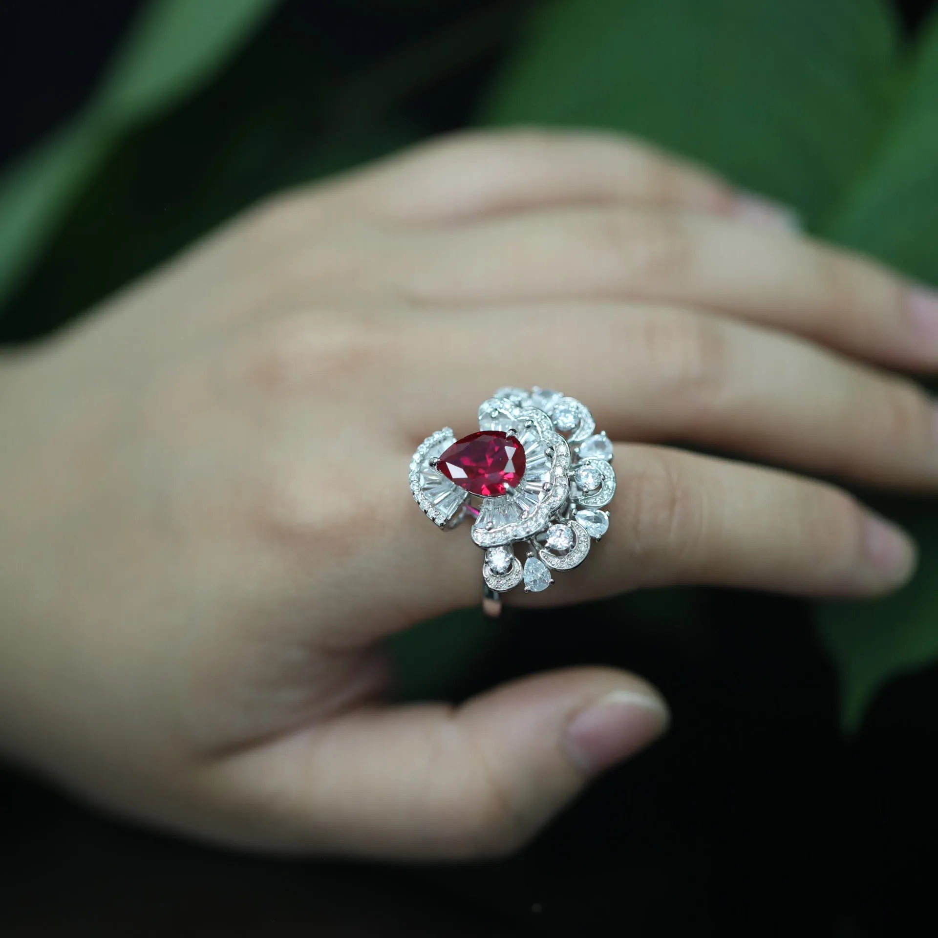 Pigeon Blood Red Maiden's Hem T-Square Ring with Diamonds