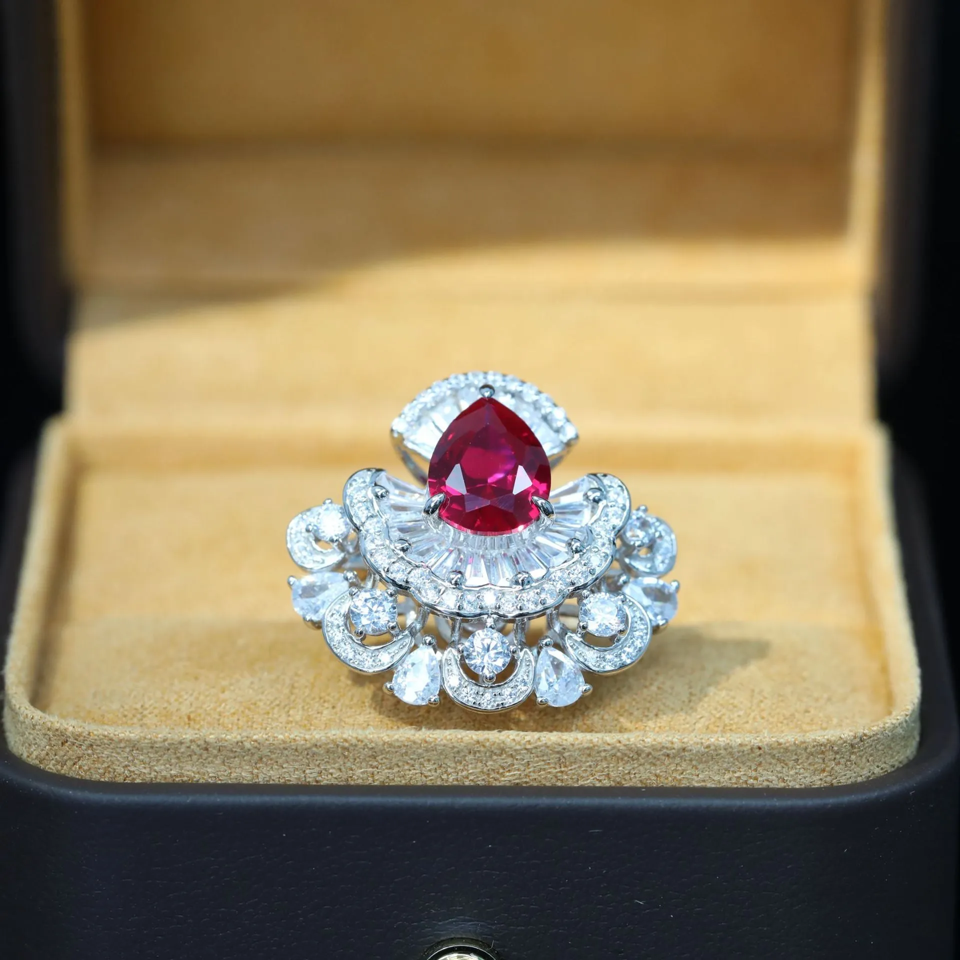 Pigeon Blood Red Maiden's Hem T-Square Ring with Diamonds