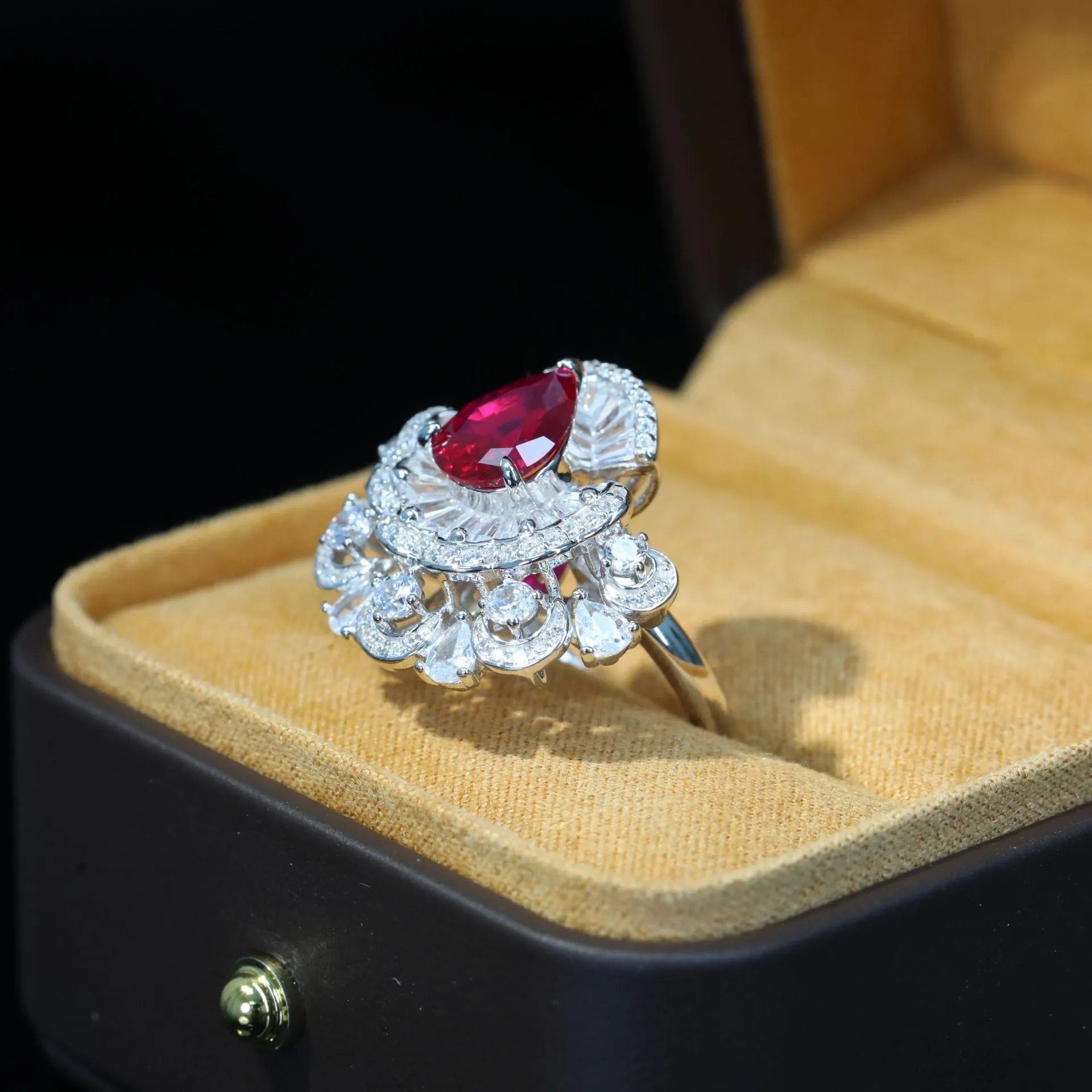 Pigeon Blood Red Maiden's Hem T-Square Ring with Diamonds