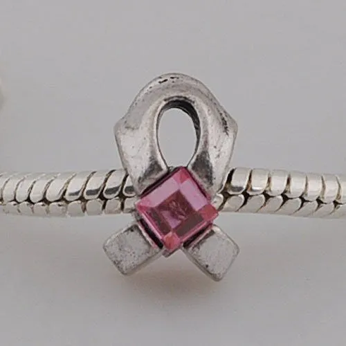 Pink Cancer Awarness Ribbon Charm European Bead Compatible for Most European Snake Chain Bracelet