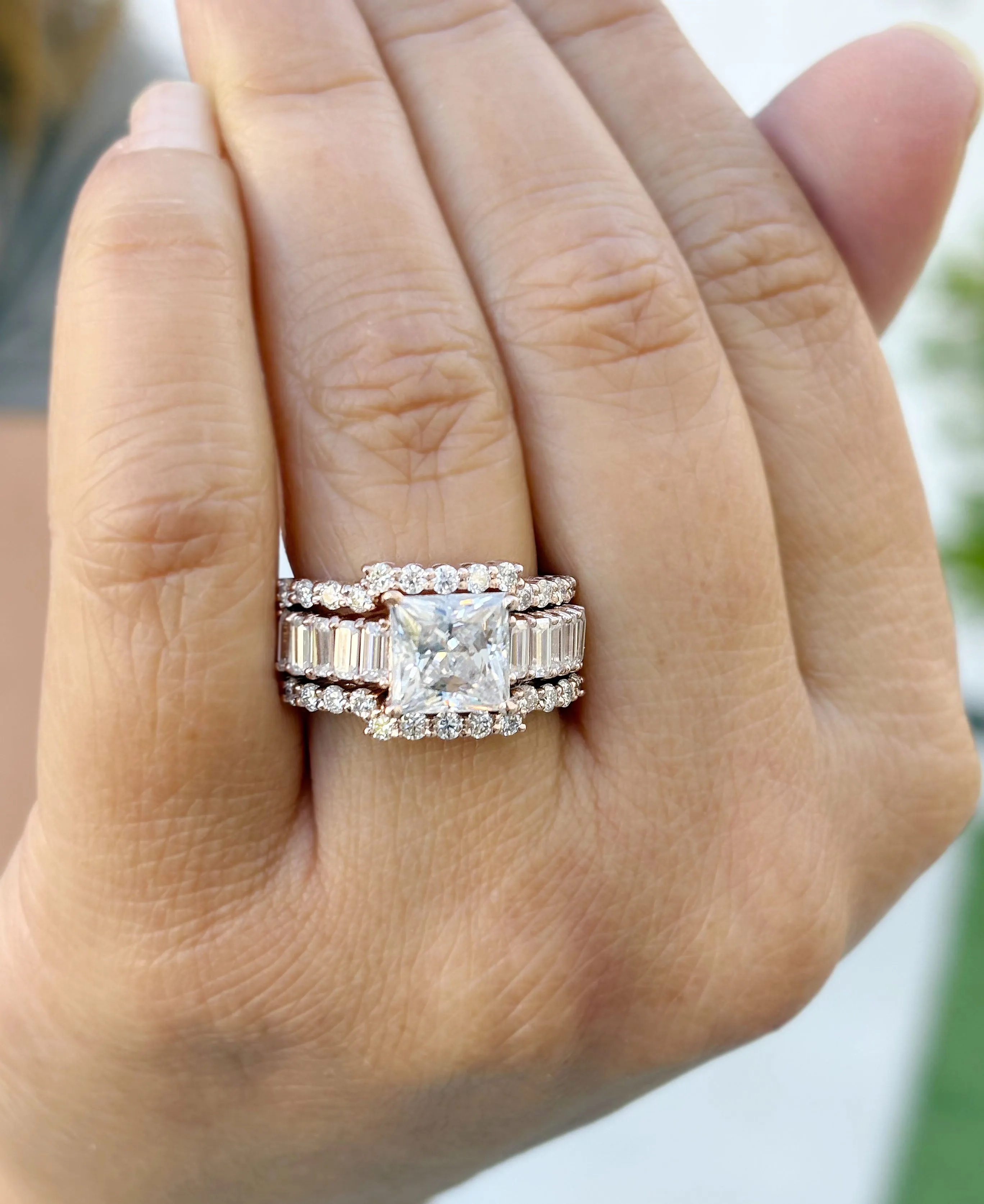 Princess Cut And Emerald Baguettes and Round Cut IGI Certified Engagement Ring And Two Bands 14k Solid Rose Gold Wedding Bridal Set 5.00ctw