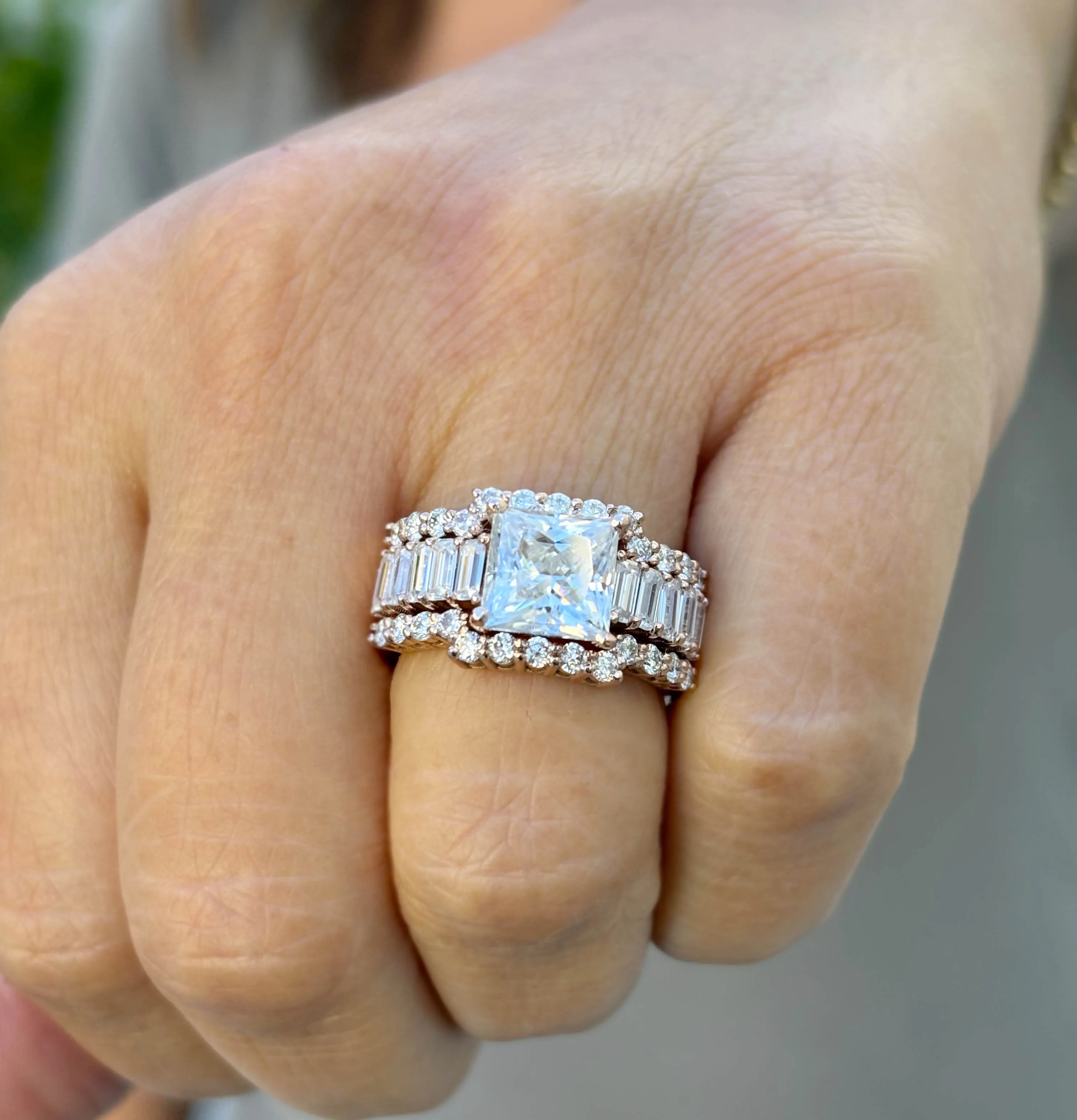 Princess Cut And Emerald Baguettes and Round Cut IGI Certified Engagement Ring And Two Bands 14k Solid Rose Gold Wedding Bridal Set 5.00ctw
