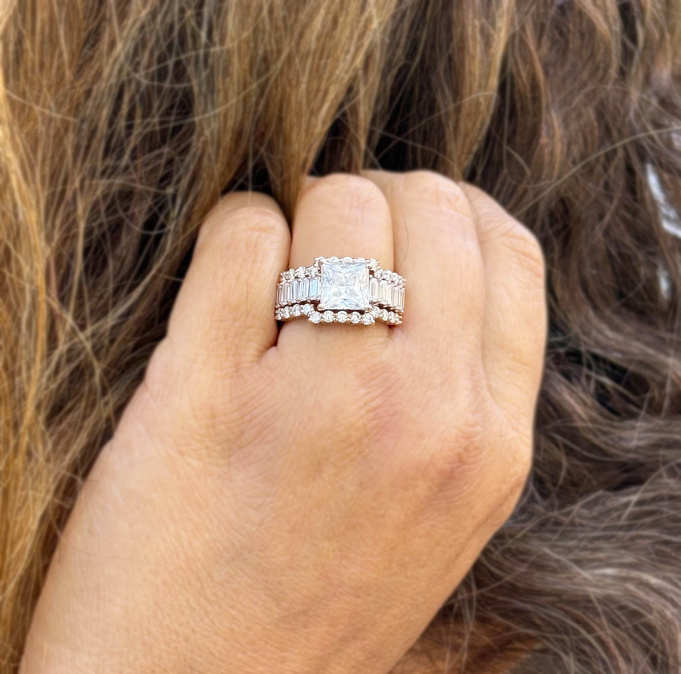 Princess Cut And Emerald Baguettes and Round Cut IGI Certified Engagement Ring And Two Bands 14k Solid Rose Gold Wedding Bridal Set 5.00ctw