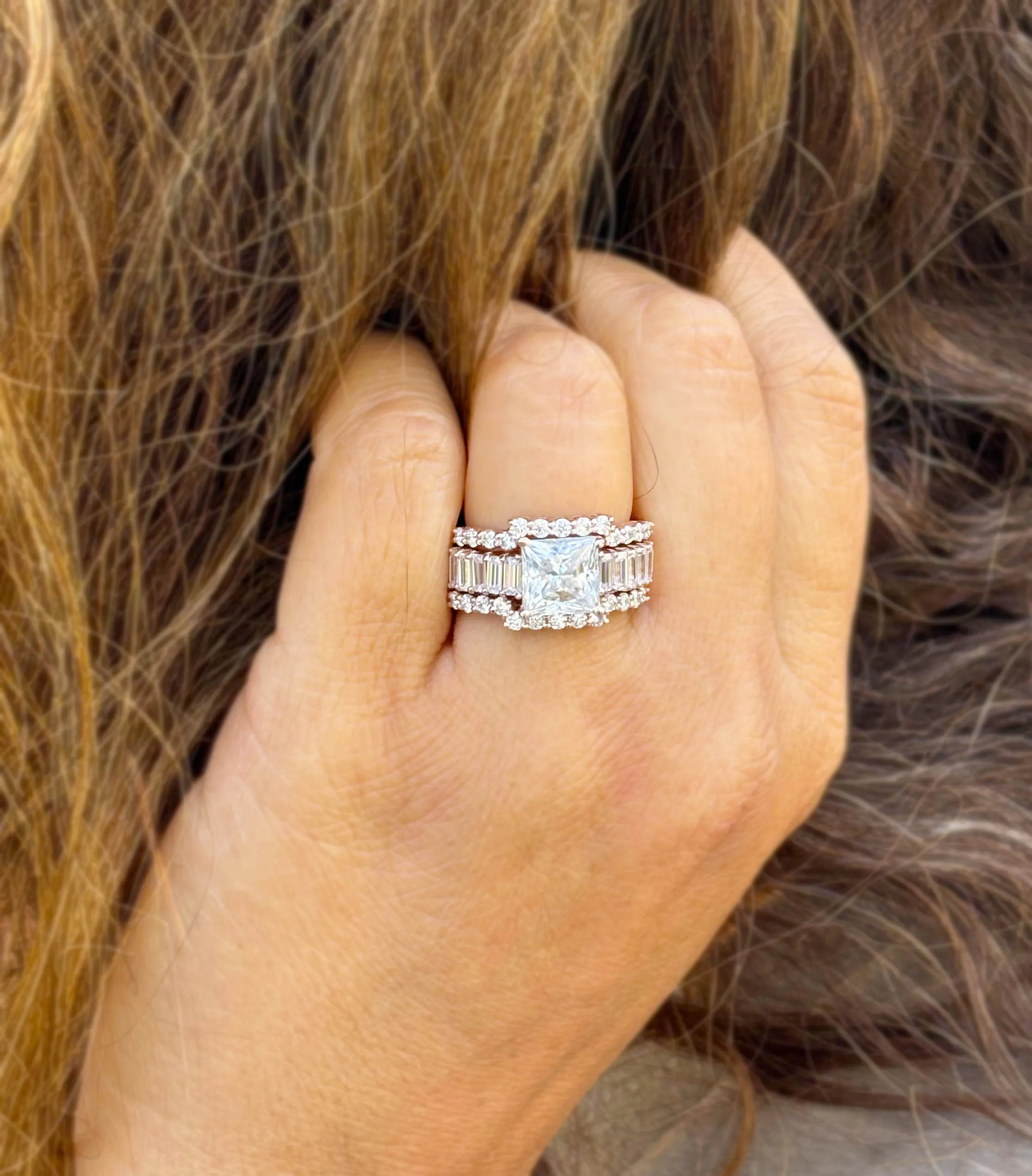 Princess Cut And Emerald Baguettes and Round Cut IGI Certified Engagement Ring And Two Bands 14k Solid Rose Gold Wedding Bridal Set 5.00ctw