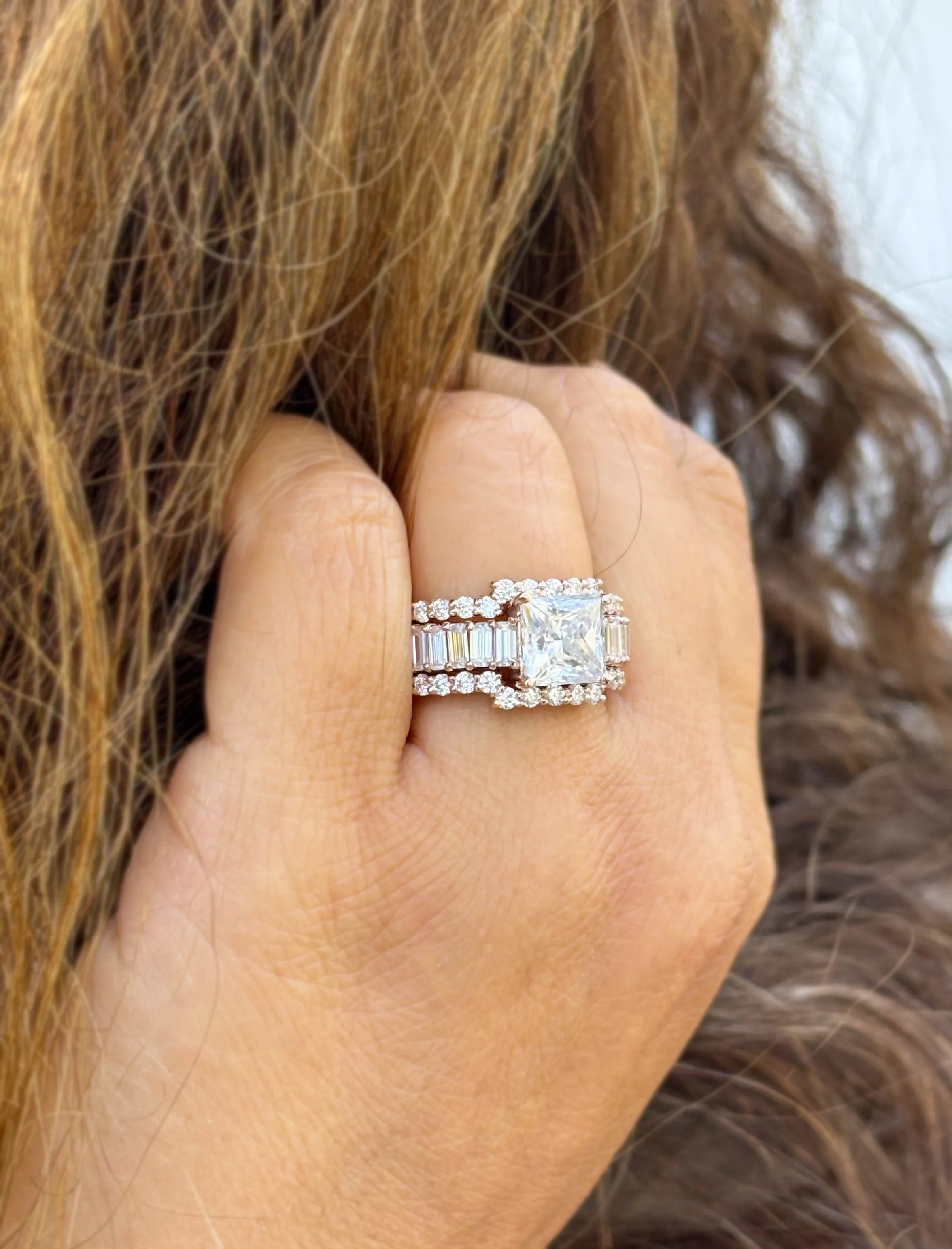 Princess Cut And Emerald Baguettes and Round Cut IGI Certified Engagement Ring And Two Bands 14k Solid Rose Gold Wedding Bridal Set 5.00ctw