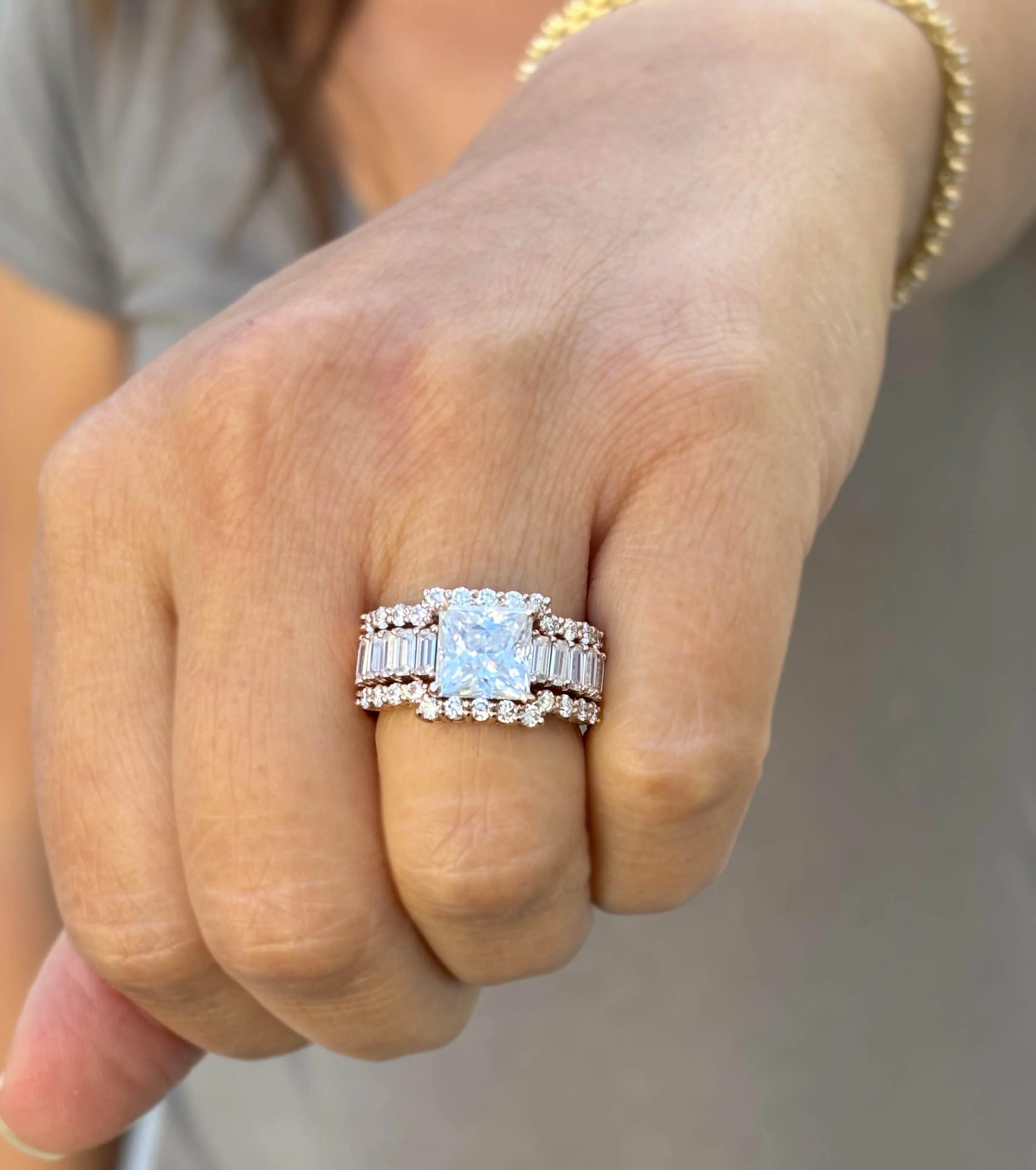 Princess Cut And Emerald Baguettes and Round Cut IGI Certified Engagement Ring And Two Bands 14k Solid Rose Gold Wedding Bridal Set 5.00ctw