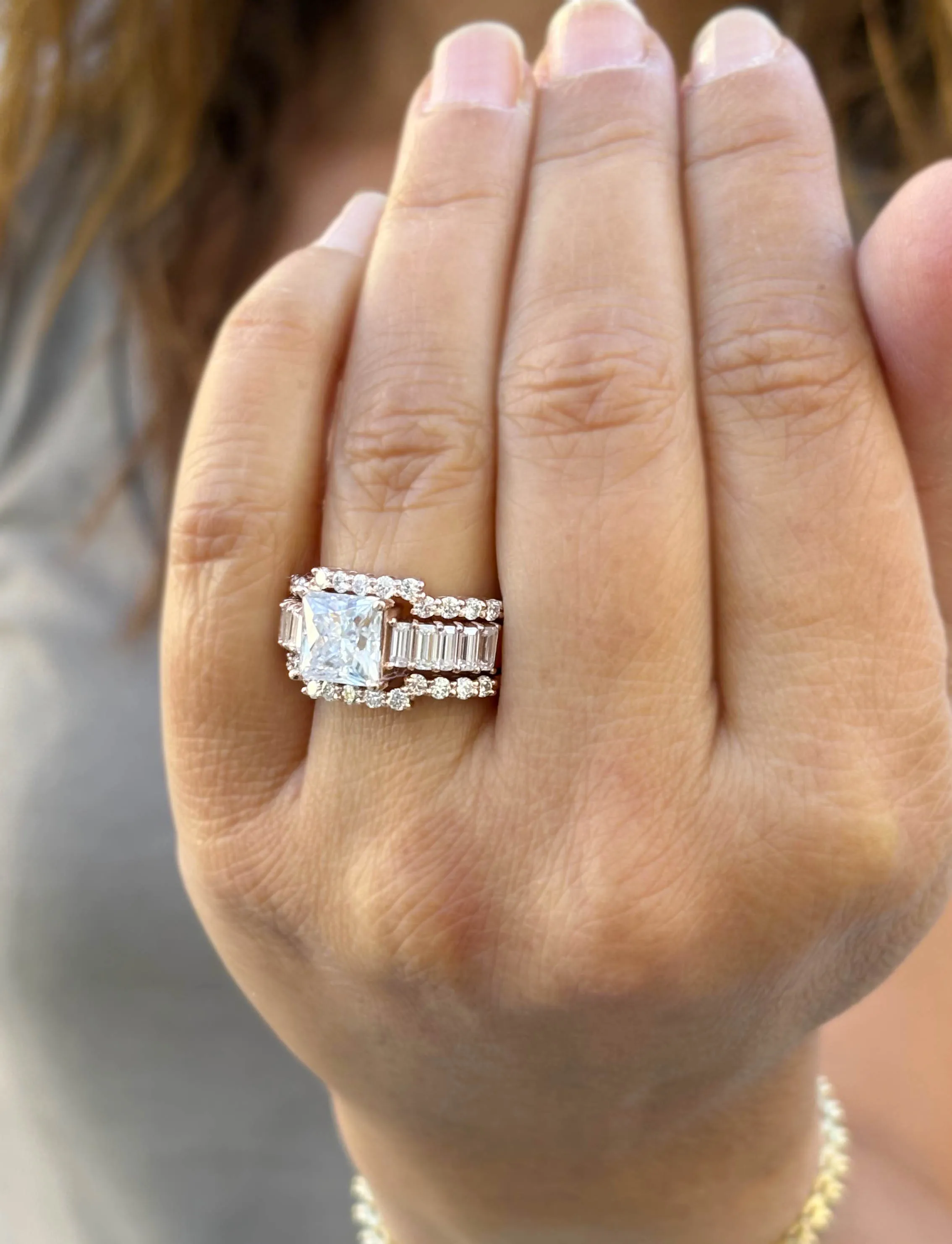 Princess Cut And Emerald Baguettes and Round Cut IGI Certified Engagement Ring And Two Bands 14k Solid Rose Gold Wedding Bridal Set 5.00ctw