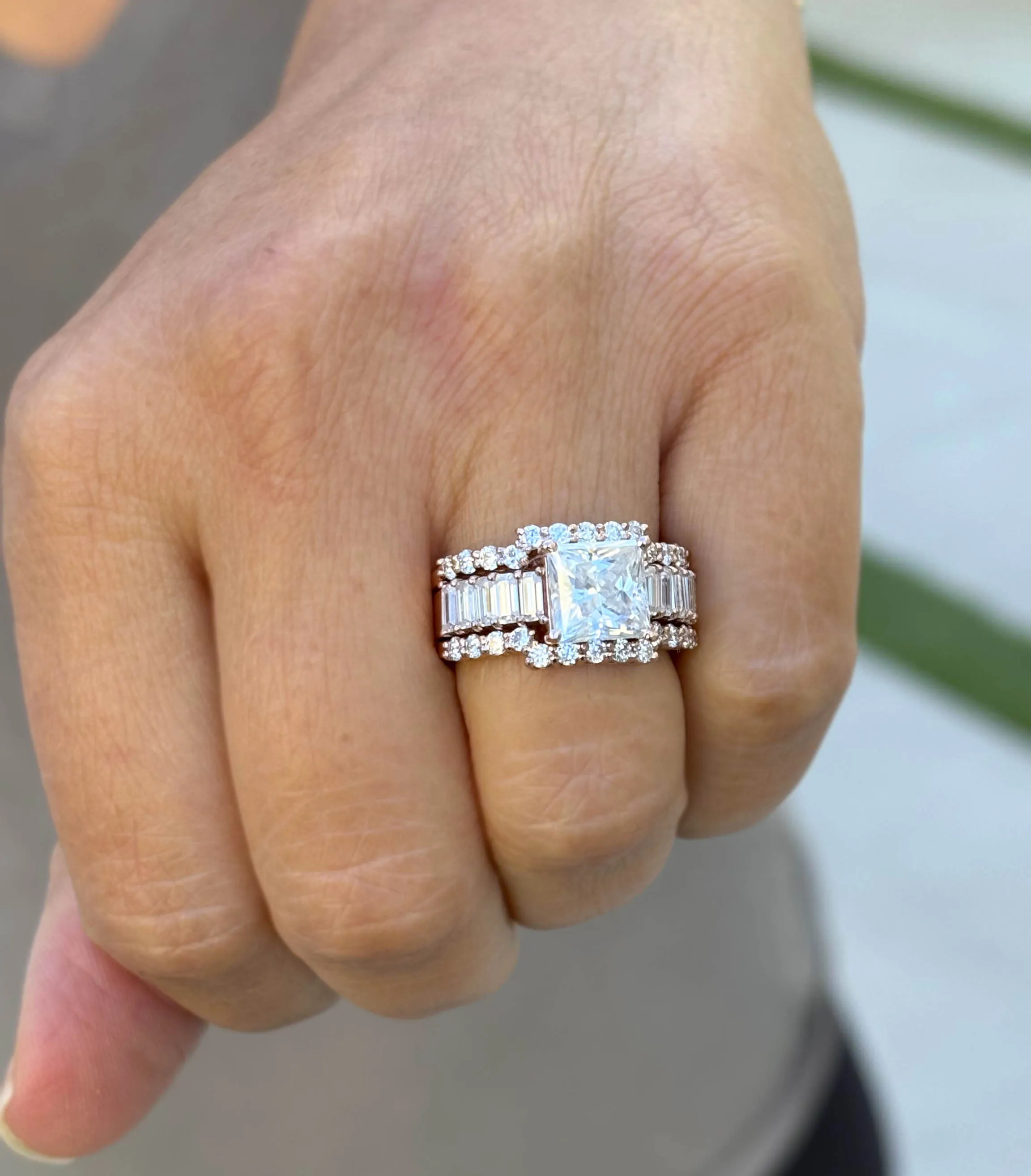 Princess Cut And Emerald Baguettes and Round Cut IGI Certified Engagement Ring And Two Bands 14k Solid Rose Gold Wedding Bridal Set 5.00ctw