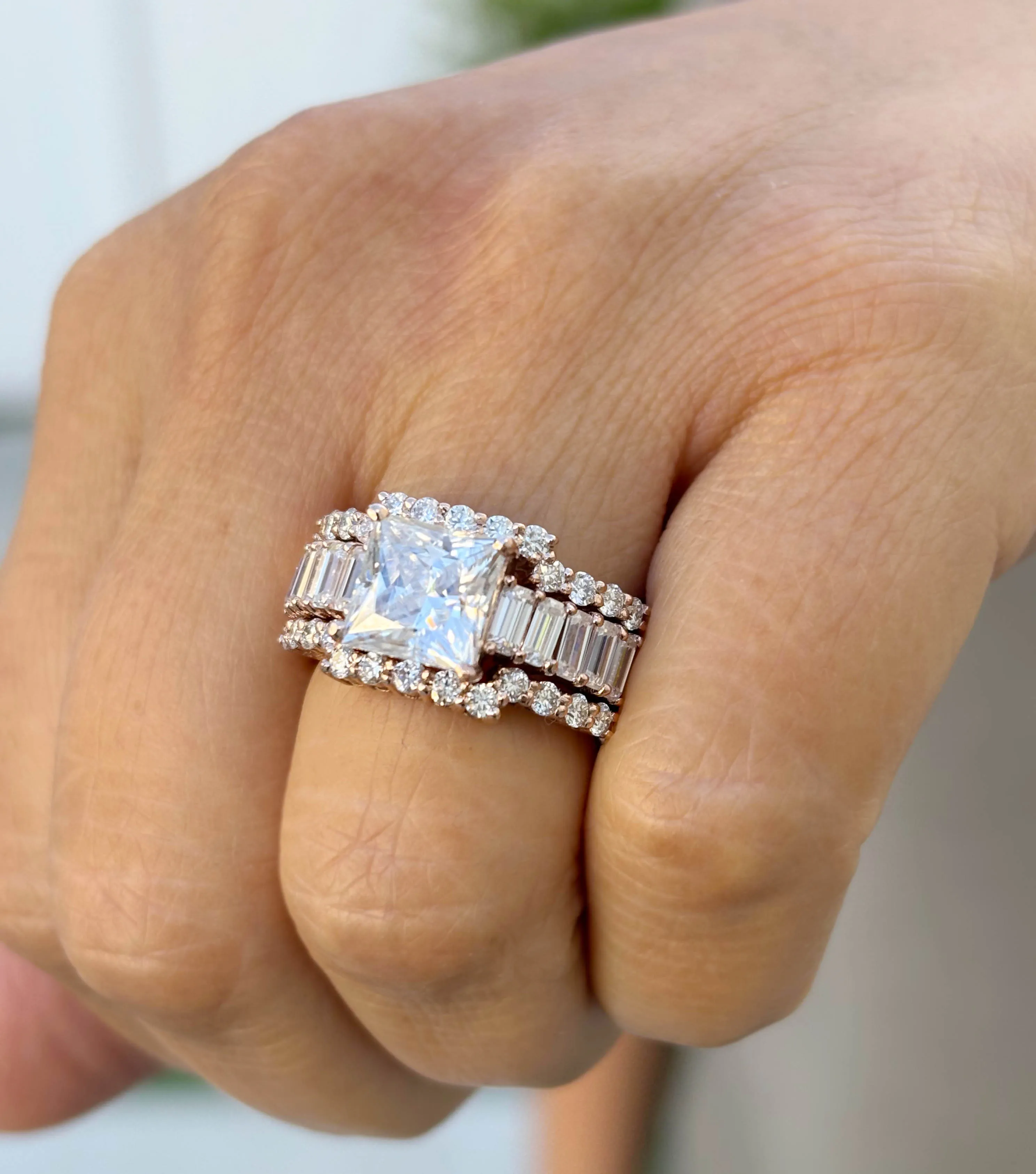 Princess Cut And Emerald Baguettes and Round Cut IGI Certified Engagement Ring And Two Bands 14k Solid Rose Gold Wedding Bridal Set 5.00ctw