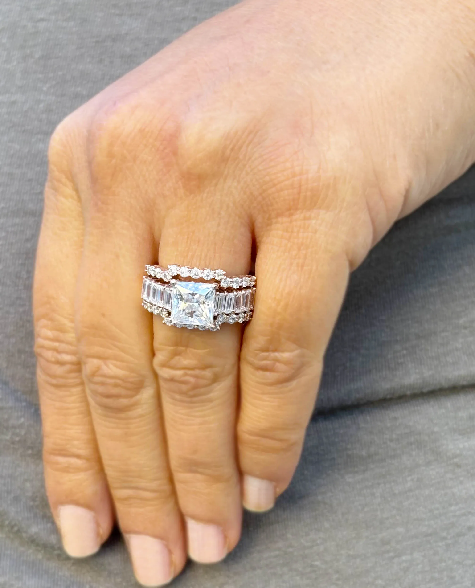 Princess Cut And Emerald Baguettes and Round Cut IGI Certified Engagement Ring And Two Bands 14k Solid Rose Gold Wedding Bridal Set 5.00ctw