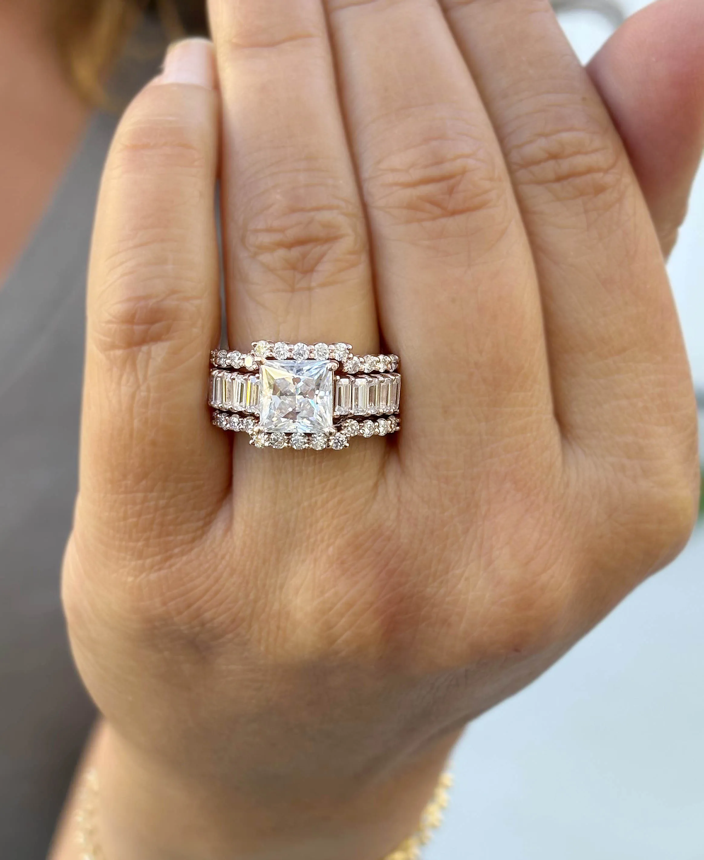 Princess Cut And Emerald Baguettes and Round Cut IGI Certified Engagement Ring And Two Bands 14k Solid Rose Gold Wedding Bridal Set 5.00ctw