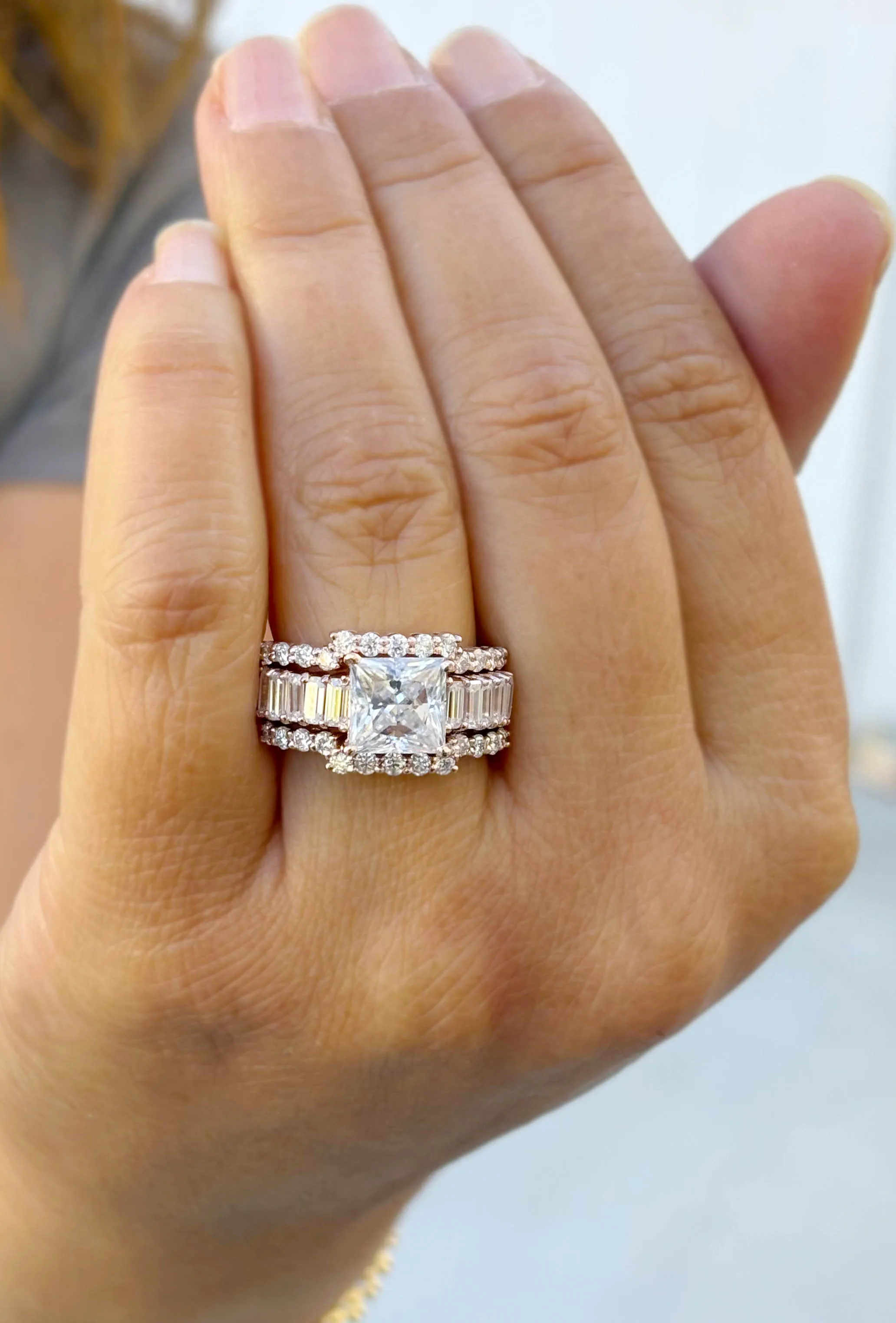 Princess Cut And Emerald Baguettes and Round Cut IGI Certified Engagement Ring And Two Bands 14k Solid Rose Gold Wedding Bridal Set 5.00ctw
