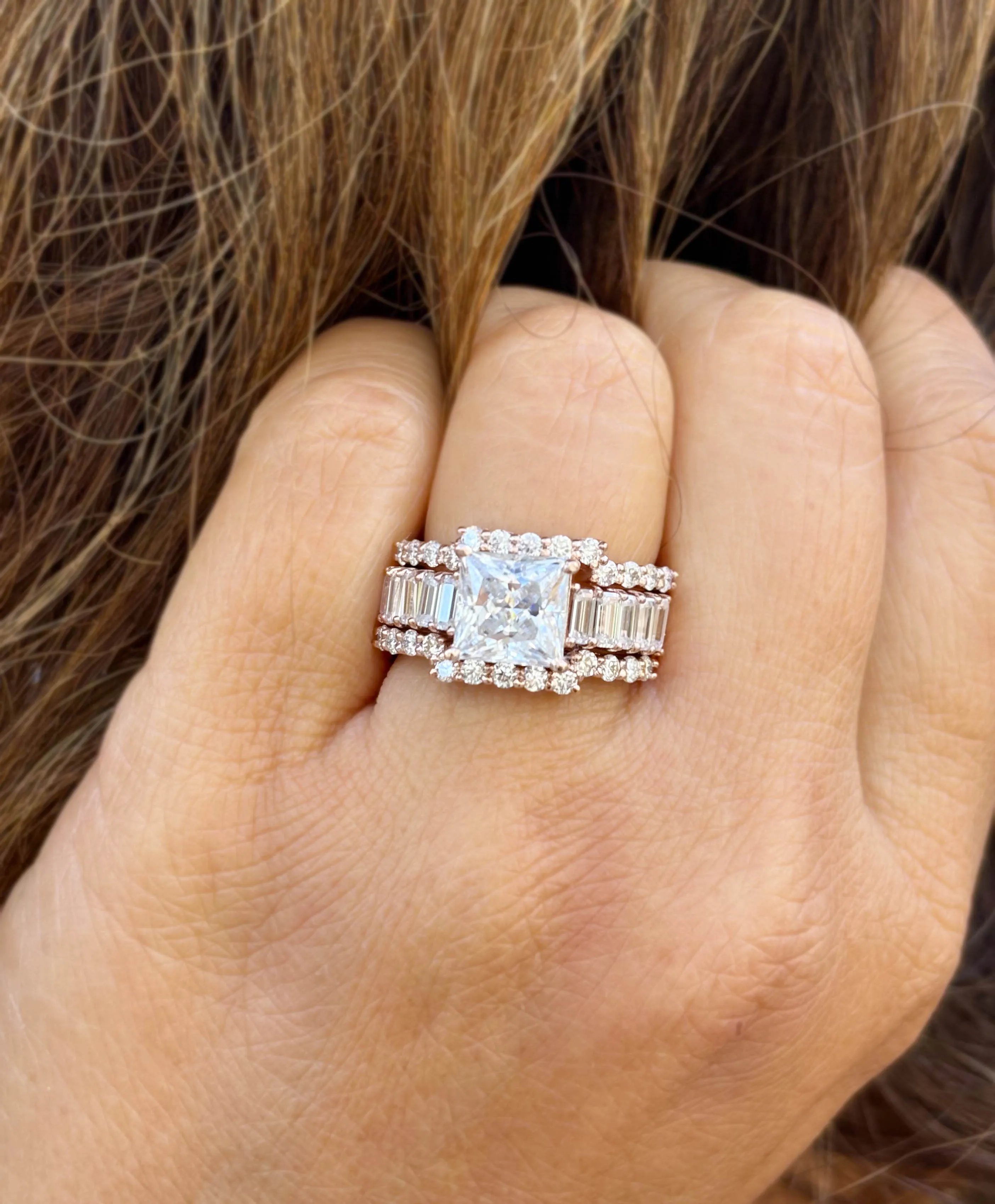 Princess Cut And Emerald Baguettes and Round Cut IGI Certified Engagement Ring And Two Bands 14k Solid Rose Gold Wedding Bridal Set 5.00ctw