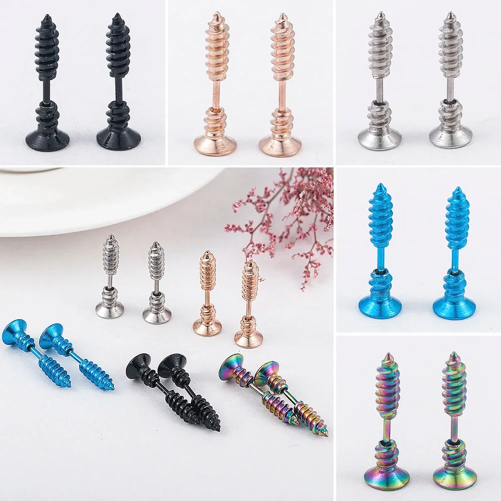 Punk Gothic Screw Spike Stud Earrings – Stainless Steel Design