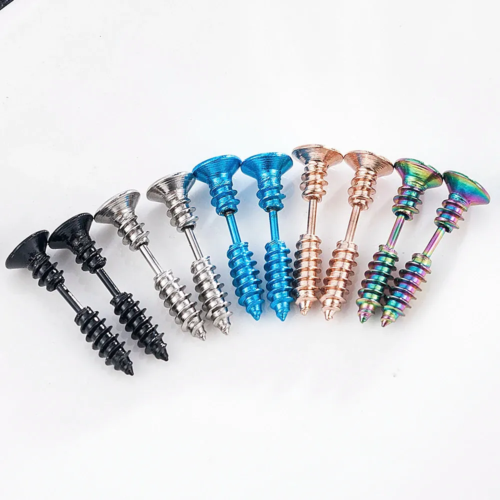 Punk Gothic Screw Spike Stud Earrings – Stainless Steel Design
