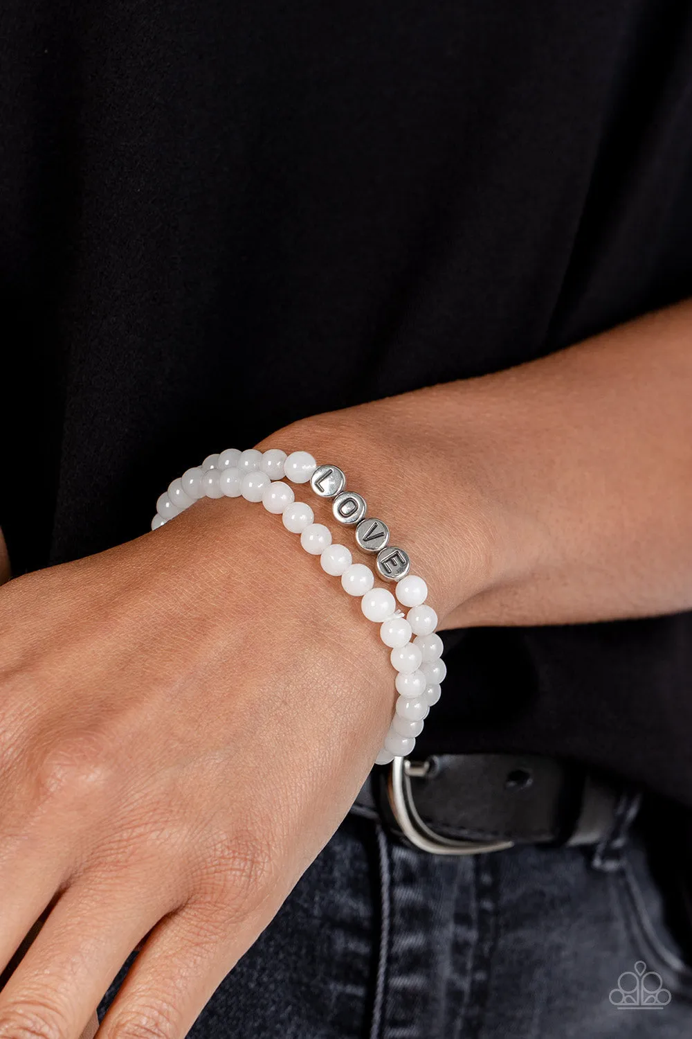 "Devoted Dreamer" White Beaded Design & Word "LOVE" Set of 2 Bracelets