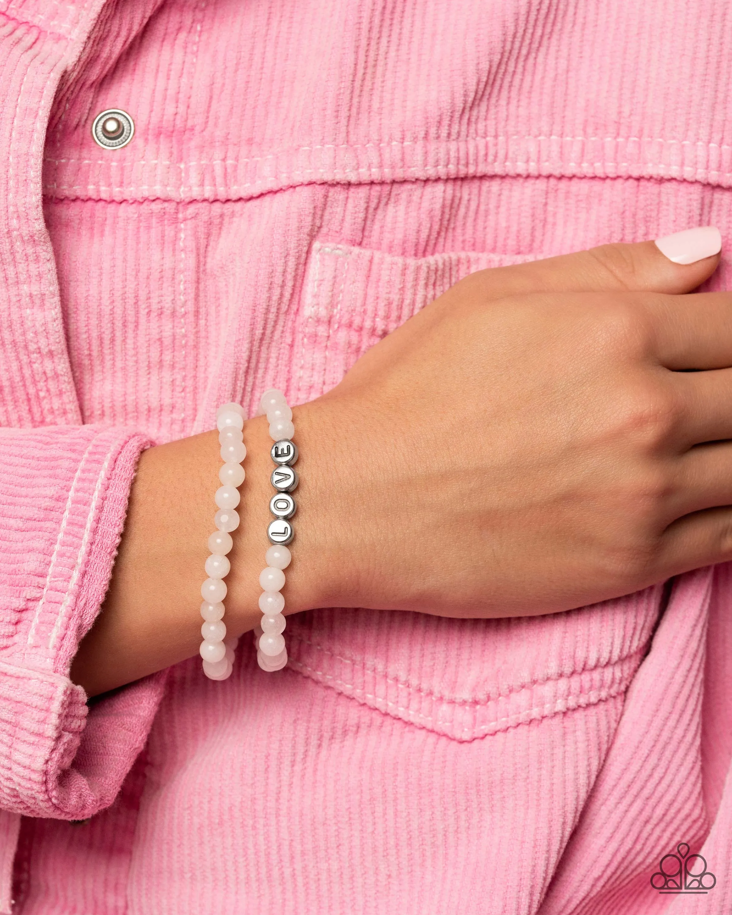 "Devoted Dreamer" White Beaded Design & Word "LOVE" Set of 2 Bracelets