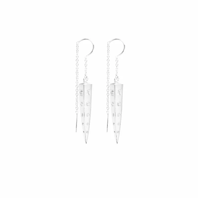 "Good Fortune Every Day" Spike Earrings with Clear Quartz, Sterling Silver, White Rhodium Finished
