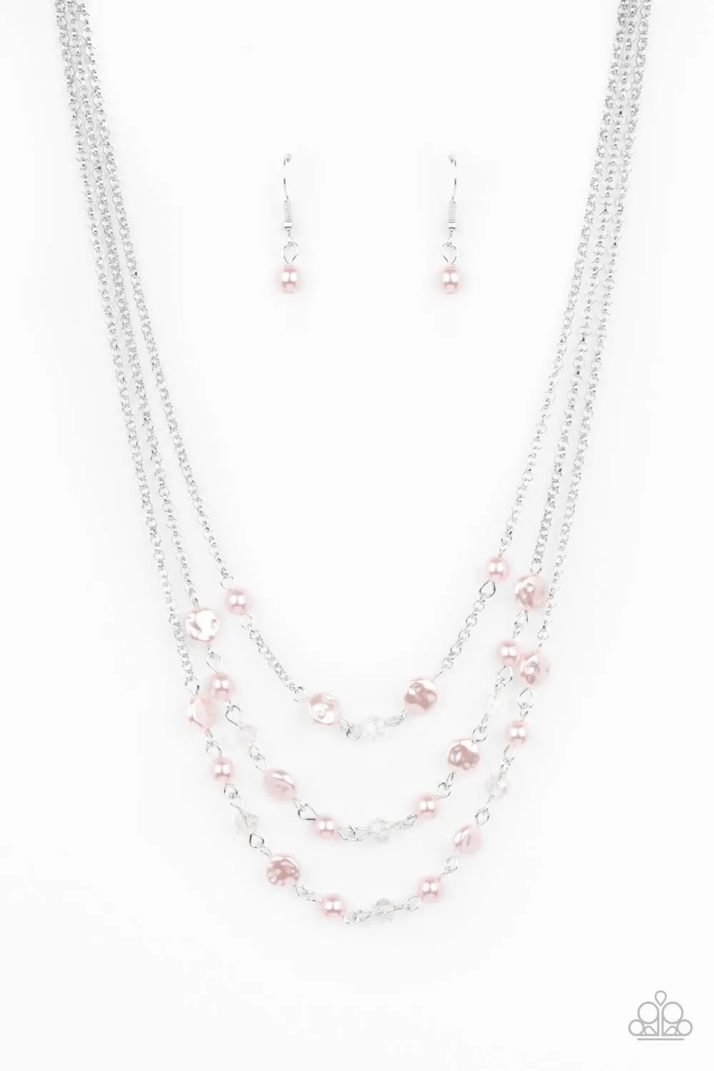 "Let The Record Glow" Silver Metal & Pink Pearl Multi Layered Necklace Set