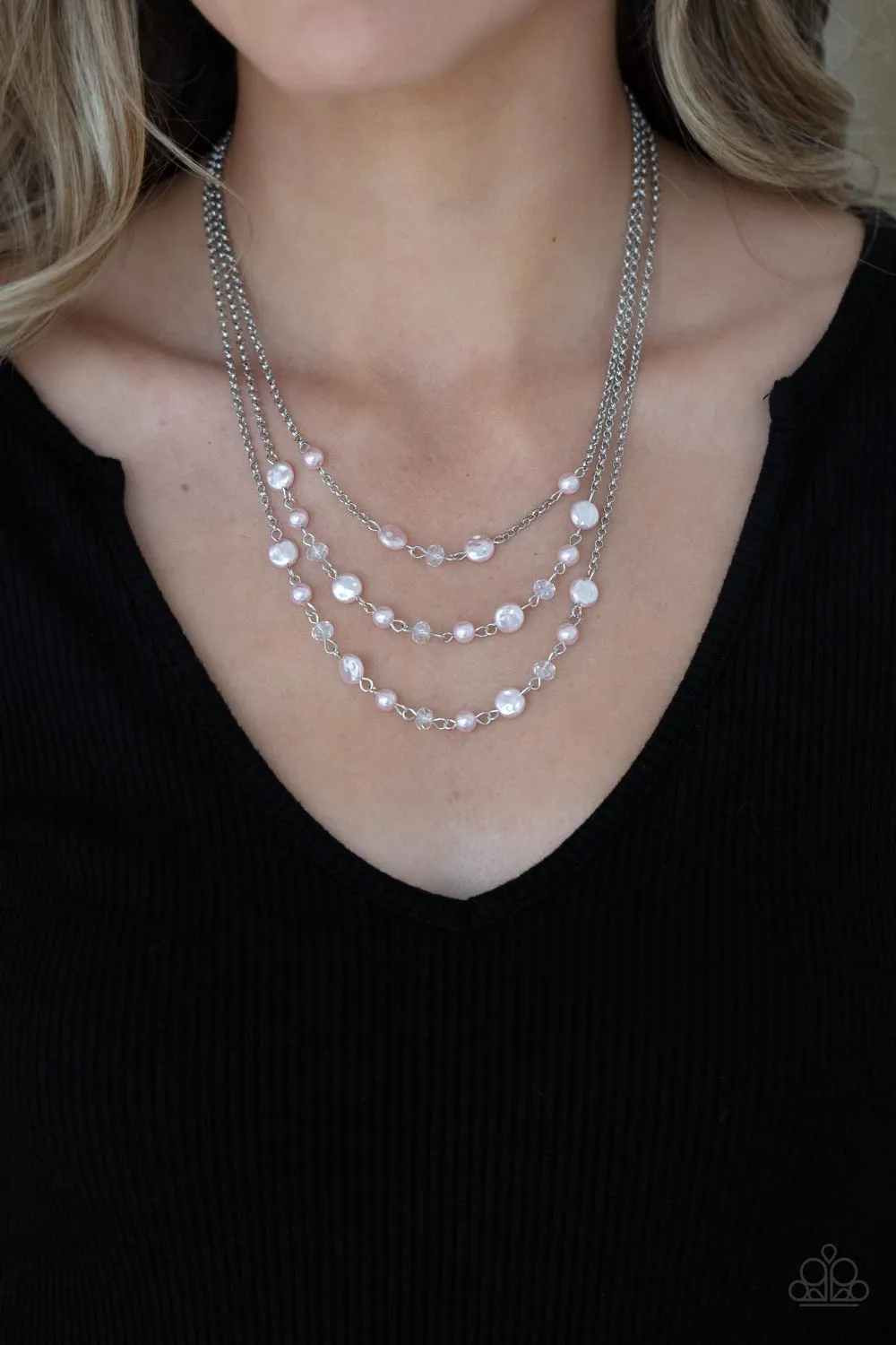 "Let The Record Glow" Silver Metal & Pink Pearl Multi Layered Necklace Set