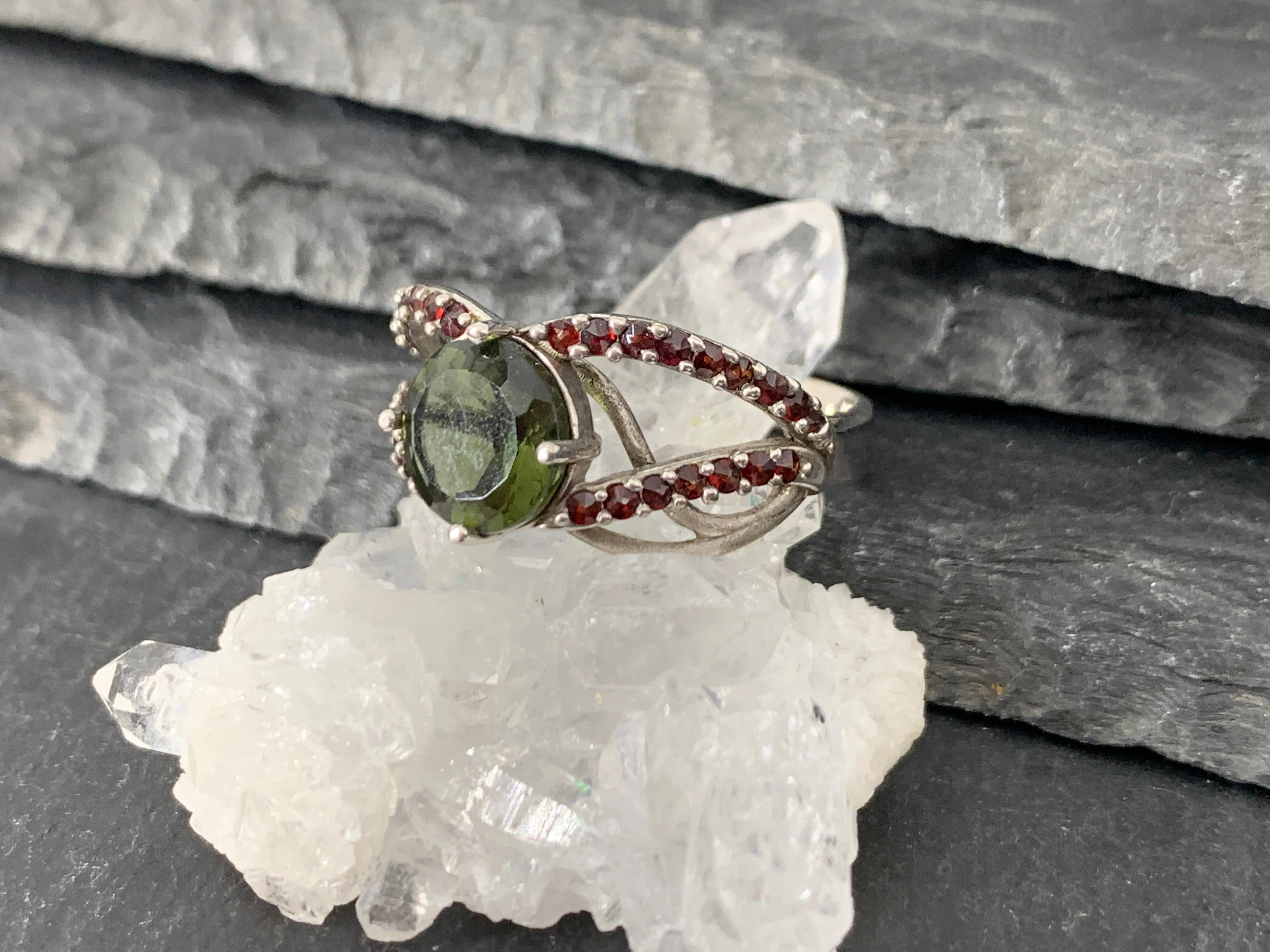 "Mira" Ring- Moldavite & Garnet size 8.75