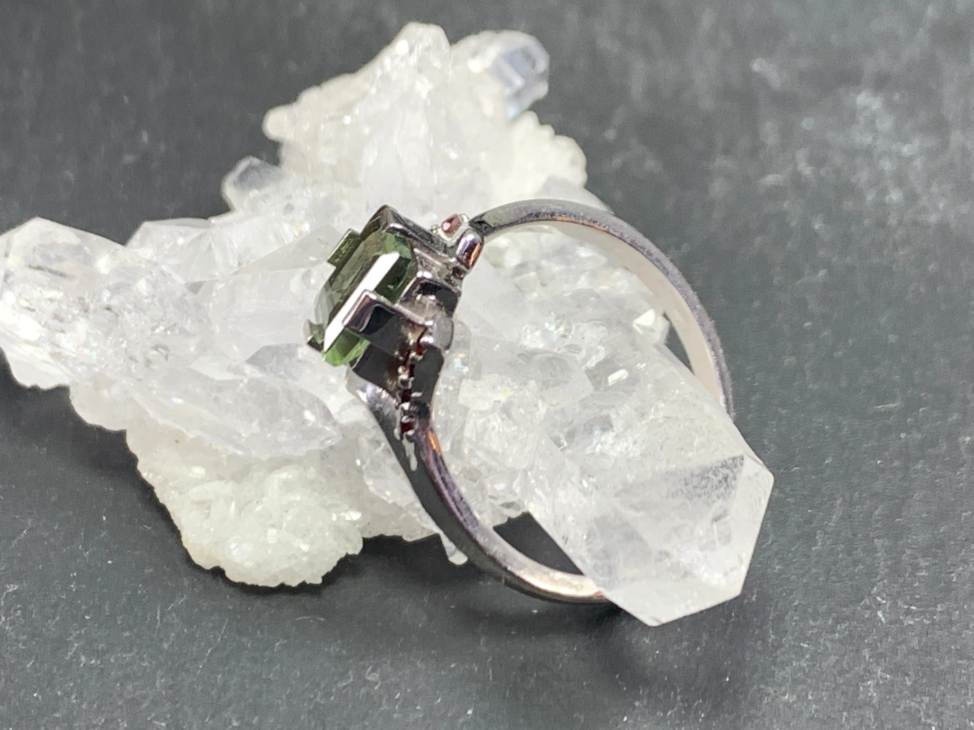 "Pegasus" Moldavite ring with Garnet