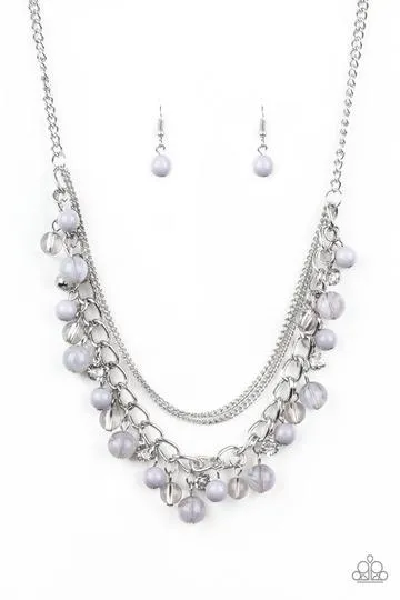 "Wait and SEA" Silver Metal & Gray Bead Multi Layered Necklace Set