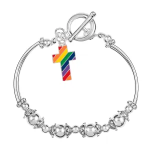 Rainbow Pride Flag Cross Charm Partial Beaded Bracelets (12 Bracelets)
