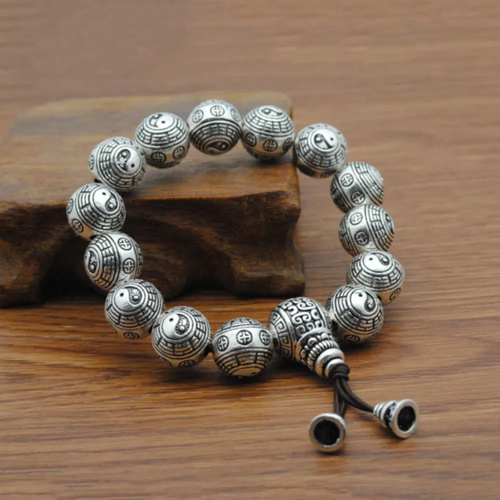 Real Solid 990 Sterling Silver Bracelets Elastic Beads Religions Jewelry 7.9"- 8.7"