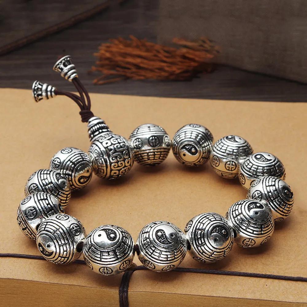 Real Solid 990 Sterling Silver Bracelets Elastic Beads Religions Jewelry 7.9"- 8.7"