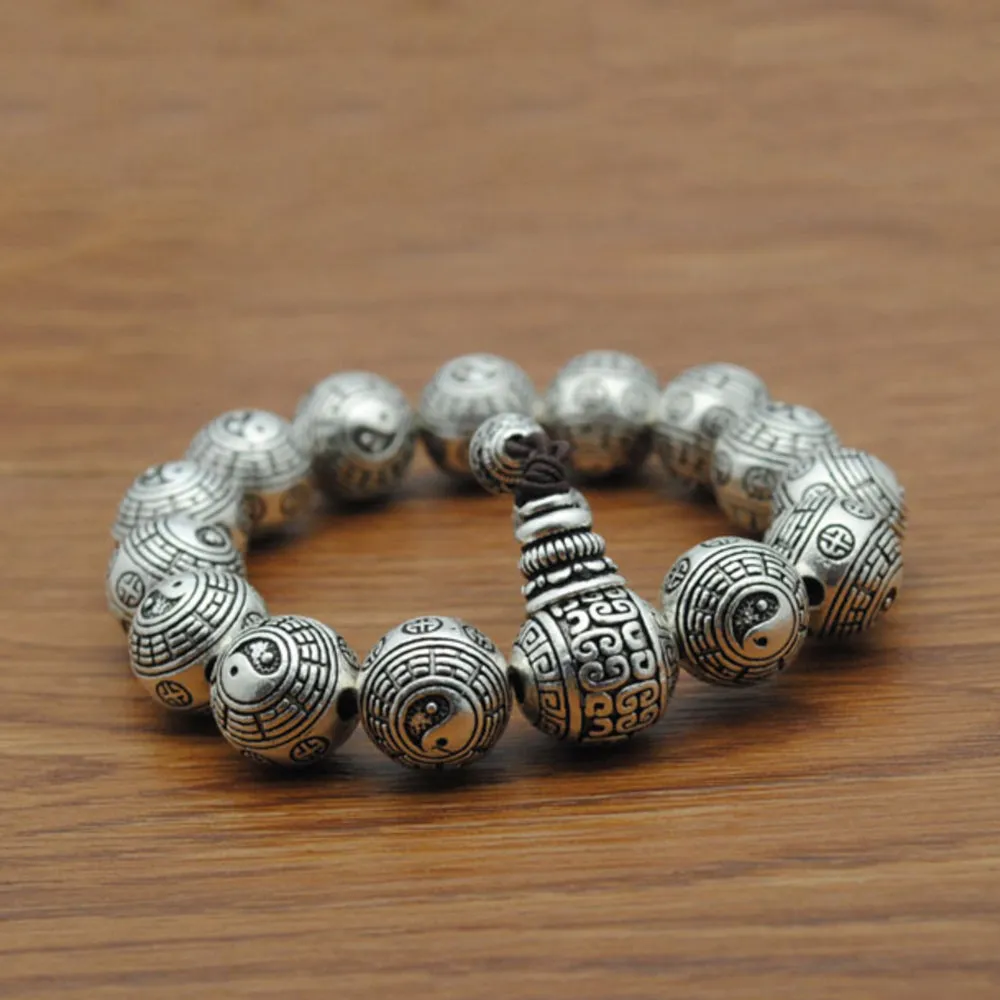Real Solid 990 Sterling Silver Bracelets Elastic Beads Religions Jewelry 7.9"- 8.7"