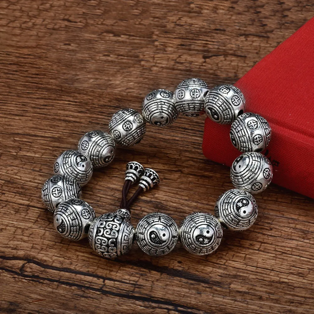Real Solid 990 Sterling Silver Bracelets Elastic Beads Religions Jewelry 7.9"- 8.7"