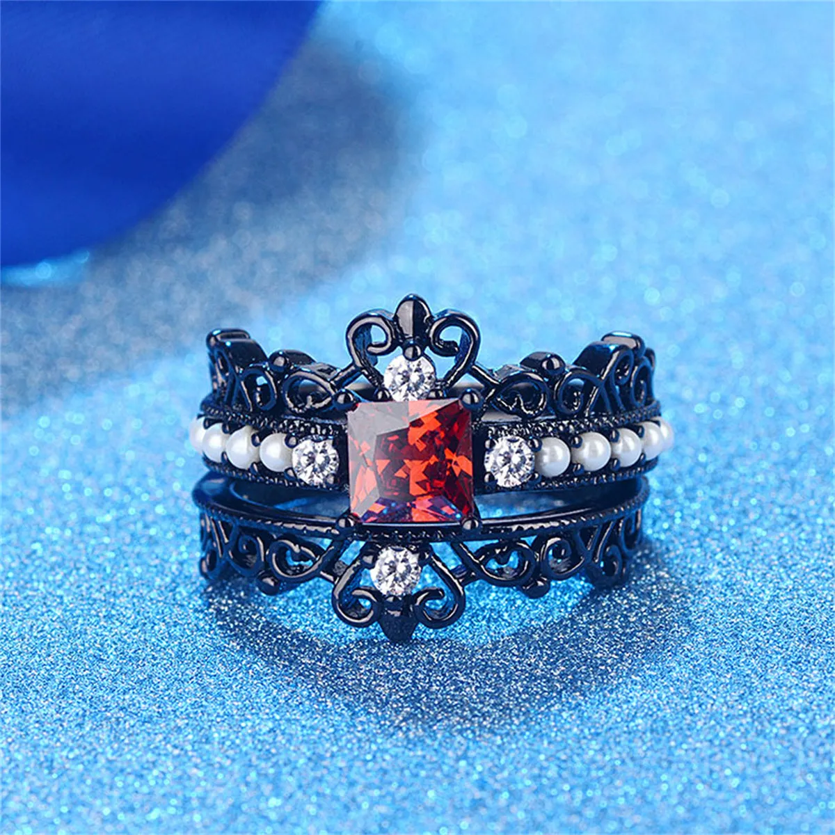 Red Crystal & Pearl Black-Tone Crown Ring Set