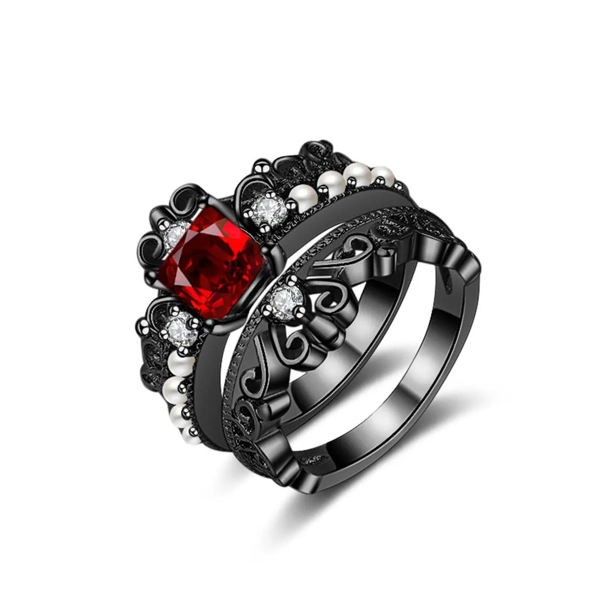 Red Crystal & Pearl Black-Tone Crown Ring Set