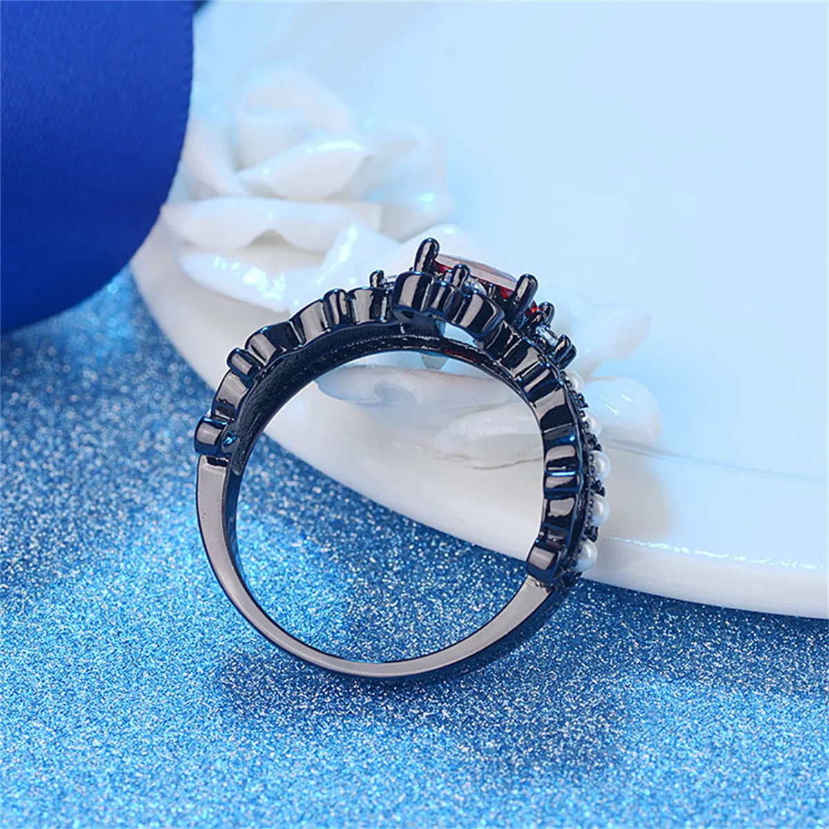 Red Crystal & Pearl Black-Tone Crown Ring Set