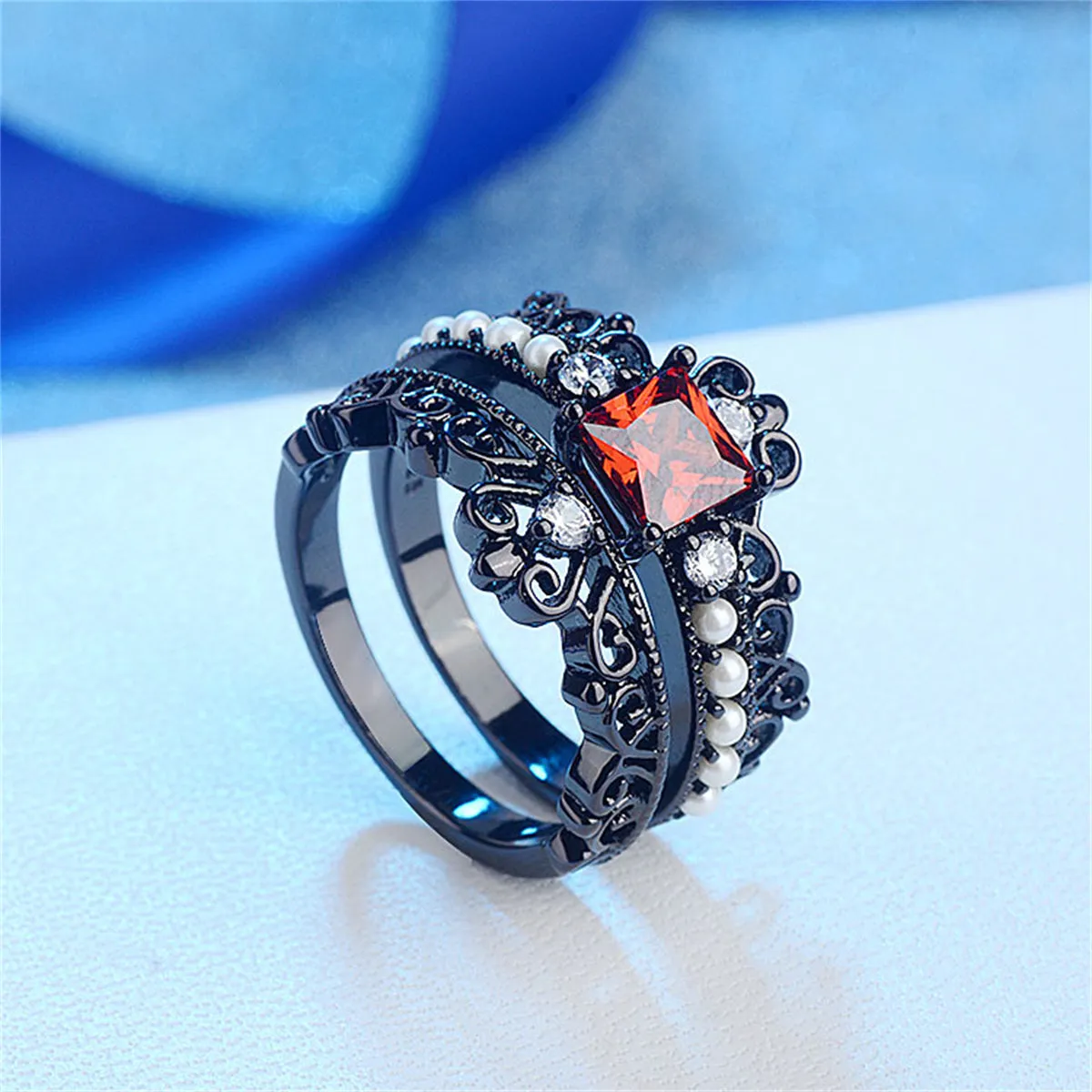 Red Crystal & Pearl Black-Tone Crown Ring Set