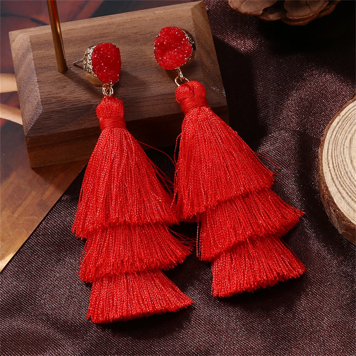 Red Tri-Layered Tassel Drop Earrings
