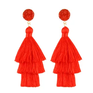 Red Tri-Layered Tassel Drop Earrings