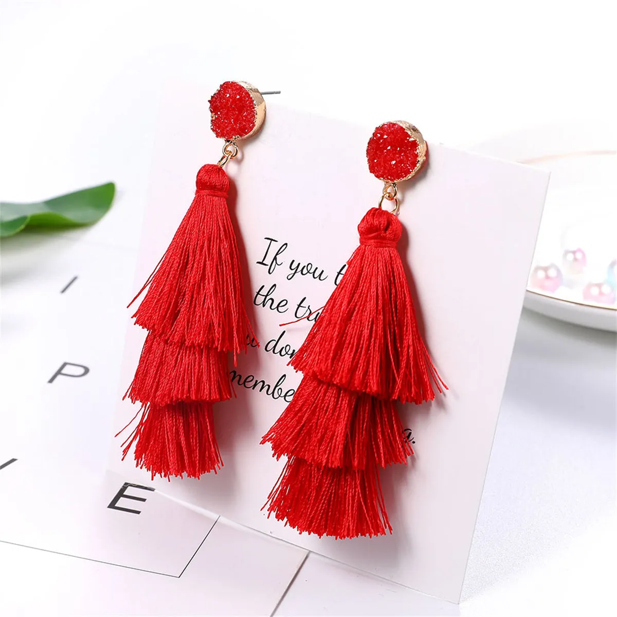 Red Tri-Layered Tassel Drop Earrings