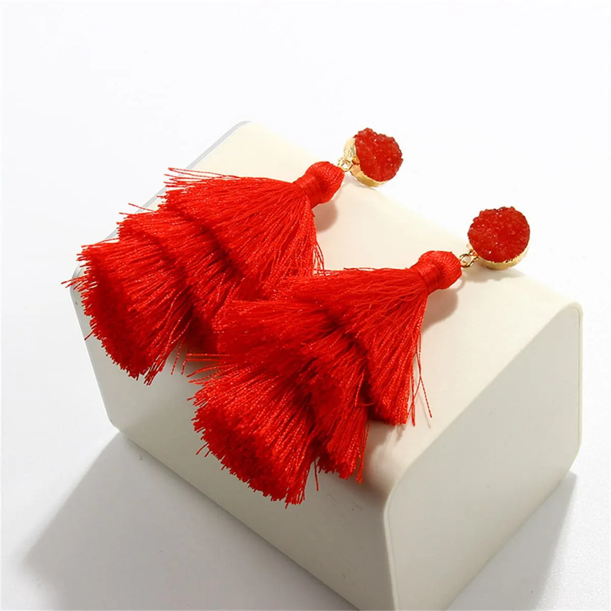 Red Tri-Layered Tassel Drop Earrings