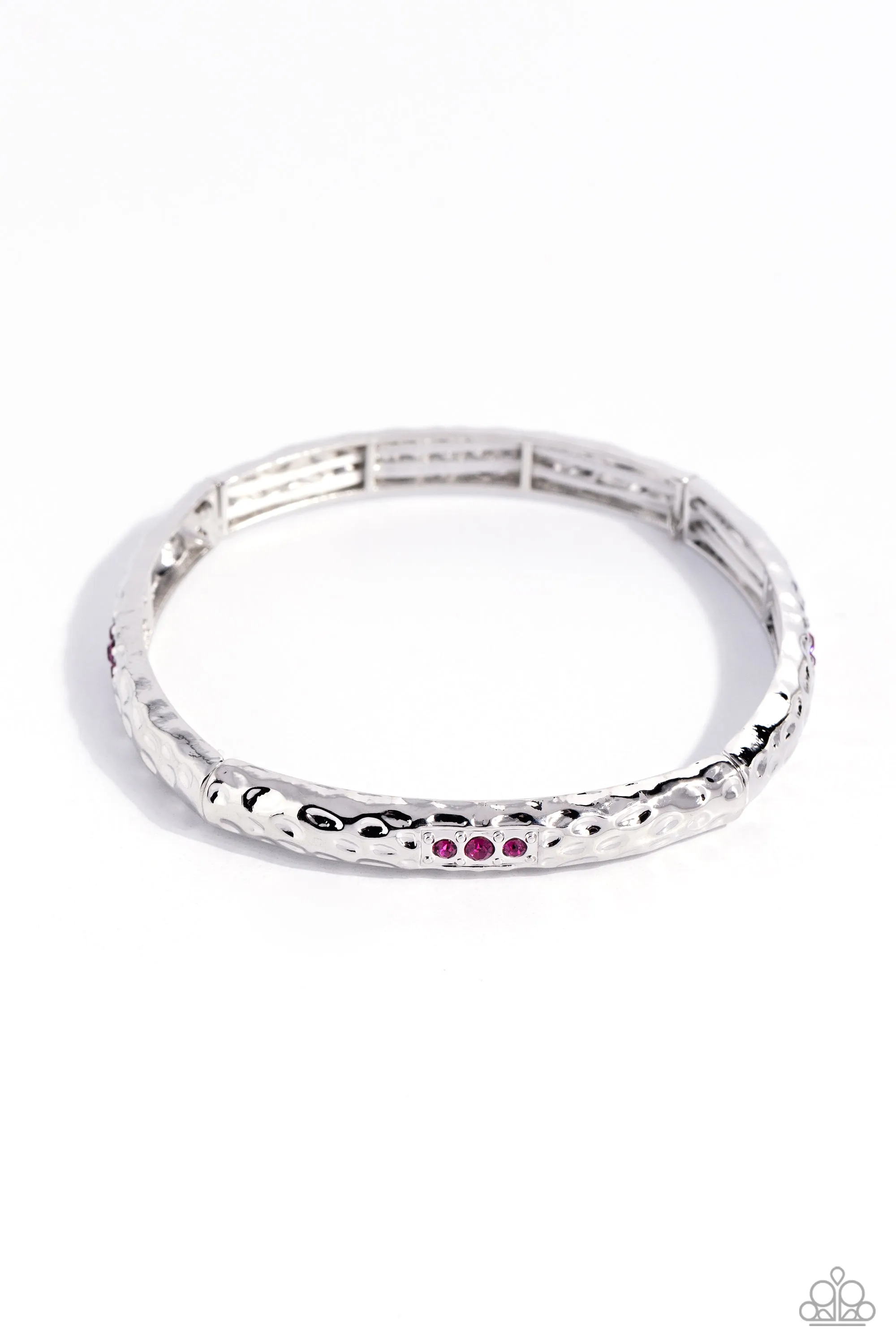 Reinvented Refinement - Pink - Rhinestone Hammered Silver Paparazzi Stretchy Bracelet