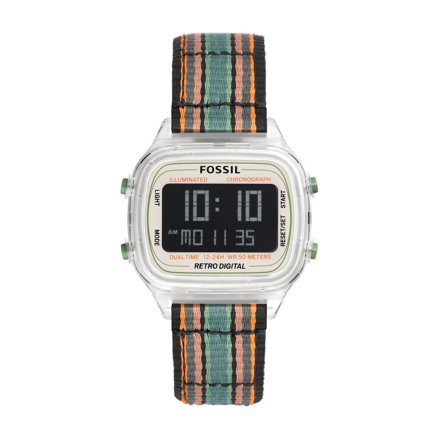 Retro Digital Black with Orange and Green Stripes Nylon Watch