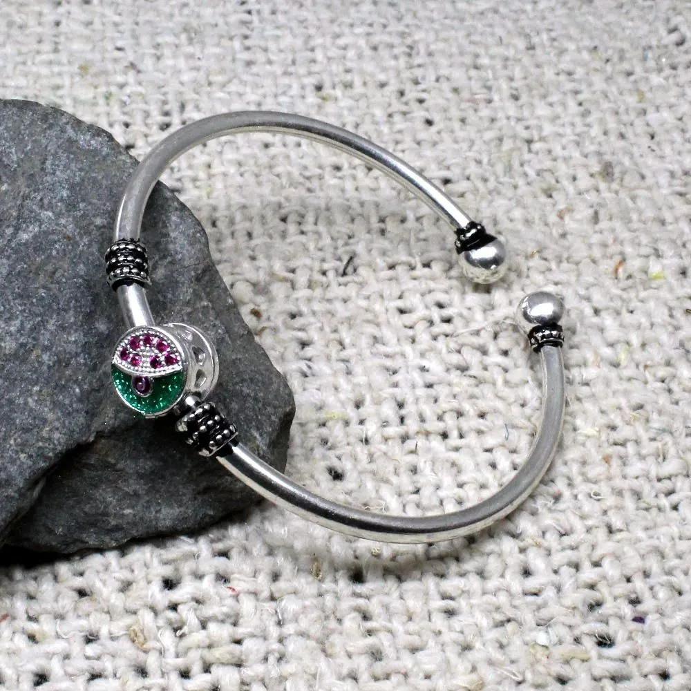 Revolving Face CZ Sterling Silver Bangle Open Bracelet - Single