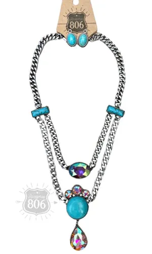 Rhinestone Charmed Double Chain Necklace in Silver/Turquoise