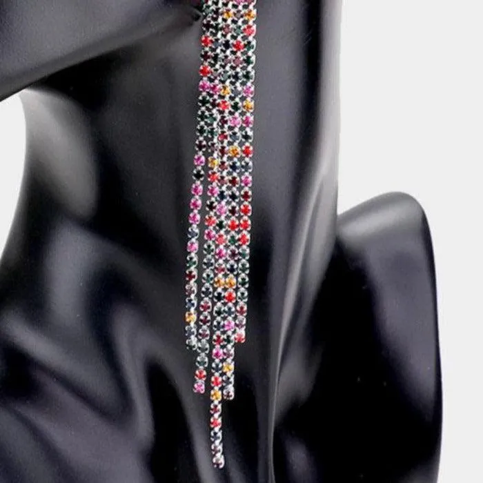 Rhinestone Multi Color Pave Fringe Silver Evening Earrings